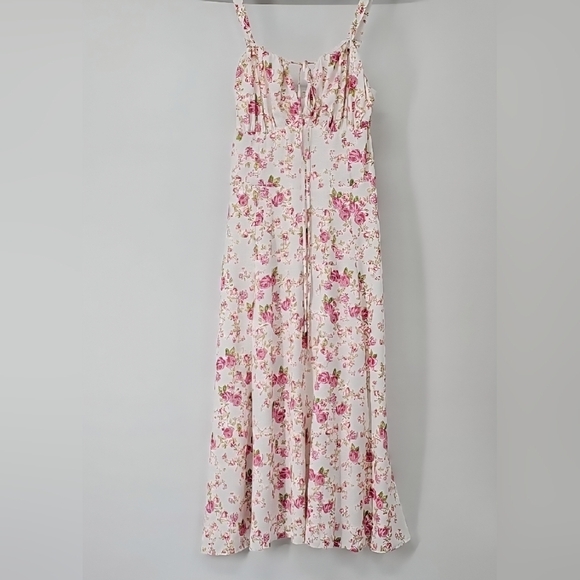 Floral Rusched-Bust Corset Waist Fit & Flare Midi Dress w Tie Front Lace-up Back - Picture 16 of 17